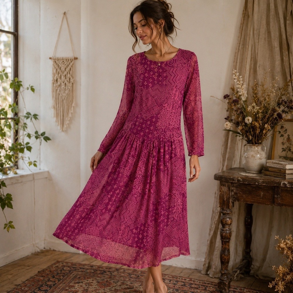 Vintage Adini Dress S Sheer Folk Prairie Cottagecore Raspberry Pink Romantic NWT